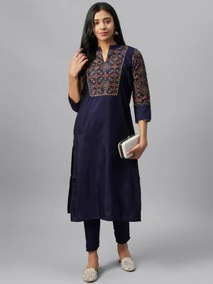 Navy-blue printed art silk kurtas-and-kurtis 5