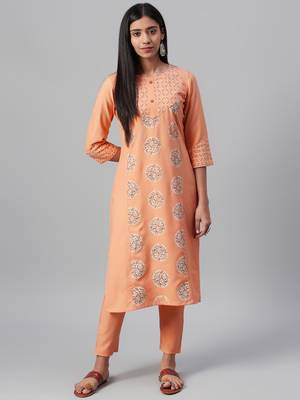 Peach printed rayon kurtas-and-kurtis 1