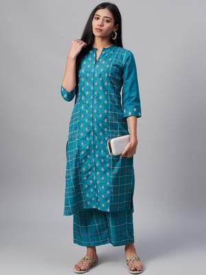 Teal printed art silk kurtas-and-kurtis 5