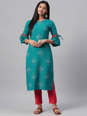 Teal printed rayon kurtas-and-kurtis 1
