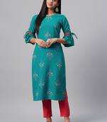 Teal printed rayon kurtas-and-kurtis