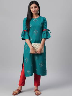 Teal printed rayon kurtas-and-kurtis 5