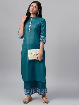 Teal printed art silk kurtas-and-kurtis 5