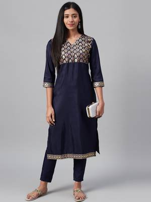 Navy-blue printed art silk kurtas-and-kurtis 5