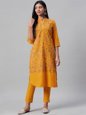 Mustard printed rayon kurtas-and-kurtis 1