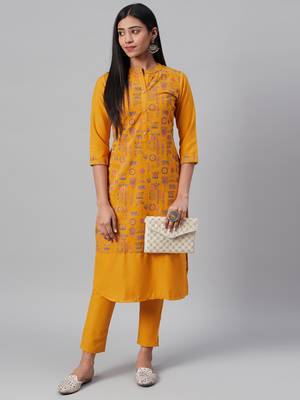 Mustard printed rayon kurtas-and-kurtis 5