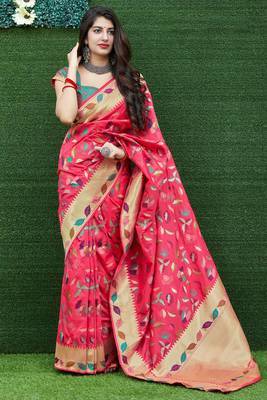 Pink woven banarasi silk saree with blouse 1