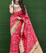 Pink woven banarasi silk saree with blouse