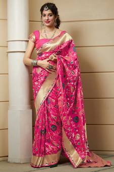 Magenta woven banarasi silk saree with blouse