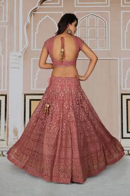 Onion Pink Machine Work Georgette Ethnic With Blouse 6