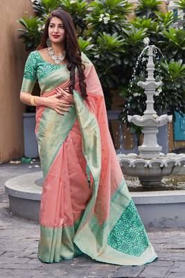 Peach woven banarasi saree with blouse 1