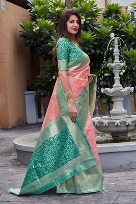 Peach woven banarasi saree with blouse 2