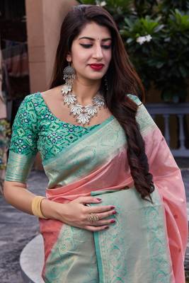 Peach woven banarasi saree with blouse 3
