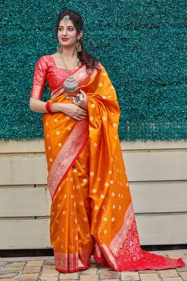 Orange woven banarasi silk saree with blouse 1