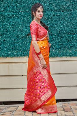 Orange woven banarasi silk saree with blouse 2