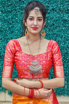 Orange woven banarasi silk saree with blouse