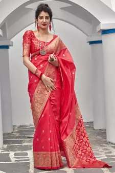 Pink woven banarasi silk saree with blouse