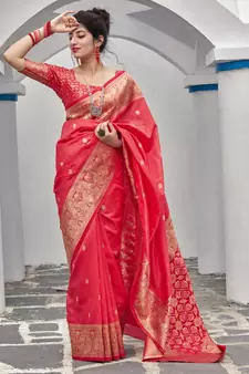 Pink woven banarasi silk saree with blouse