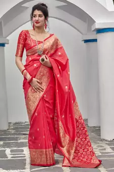 Pink woven banarasi silk saree with blouse