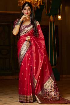 Red woven banarasi silk saree with blouse
