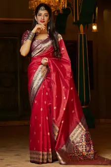 Red woven banarasi silk saree with blouse