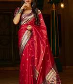 Red woven banarasi silk saree with blouse