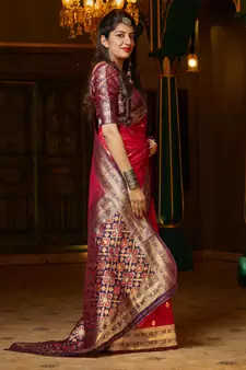 Red woven banarasi silk saree with blouse