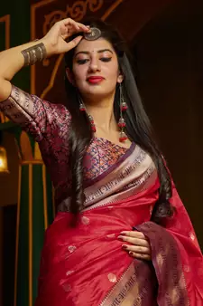 Red woven banarasi silk saree with blouse