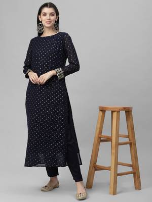Foil Printed Poly Georgette Navy Blue Kurta 1