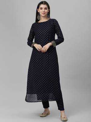 Foil Printed Poly Georgette Navy Blue Kurta 2