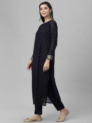 Foil Printed Poly Georgette Navy Blue Kurta 3