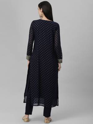 Foil Printed Poly Georgette Navy Blue Kurta 4