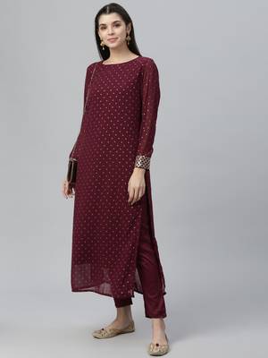 Foil Printed Poly Georgette Wine Kurta 1