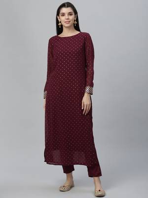Foil Printed Poly Georgette Wine Kurta 2