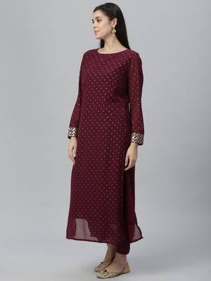 Foil Printed Poly Georgette Wine Kurta 3