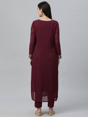 Foil Printed Poly Georgette Wine Kurta 4