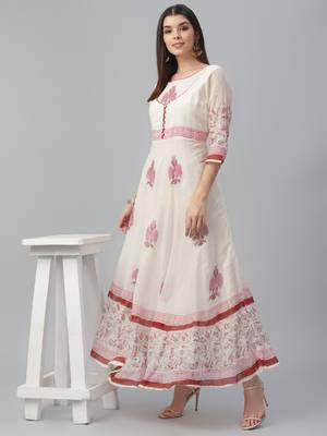 Kota Doria Floor Length Handblock Printed Dress 1