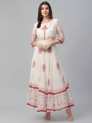 Kota Doria Floor Length Handblock Printed Dress 2