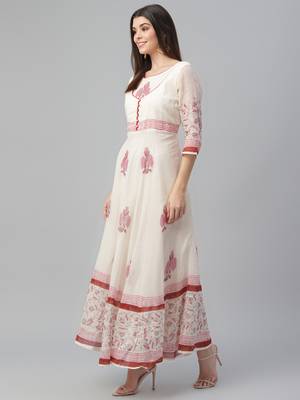 Kota Doria Floor Length Handblock Printed Dress 3