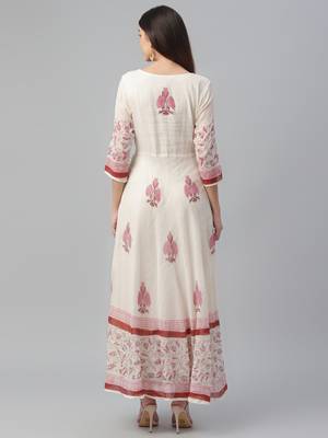 Kota Doria Floor Length Handblock Printed Dress 4