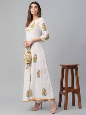 Cotton Slub Floor Length Handblock Printed Dress 1
