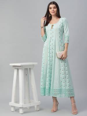 Cotton Slub Aqua Anarkali Dress 1