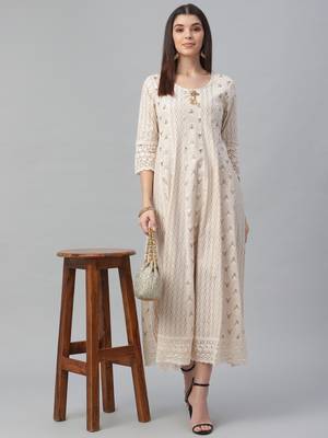 Cotton Slub White Anarkali Dress 1