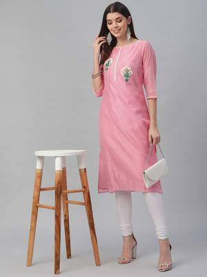Pink Chanderi Silk Embroidered Kurta 1