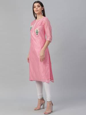Pink Chanderi Silk Embroidered Kurta 3