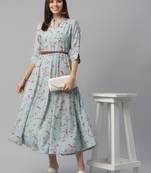 Rayon hightwist Printed Blue Dress