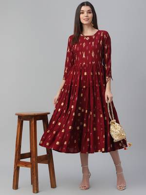 Gold Foil Printed Rayon Dress 1