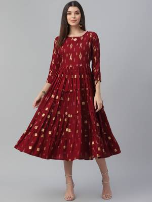 Gold Foil Printed Rayon Dress 2