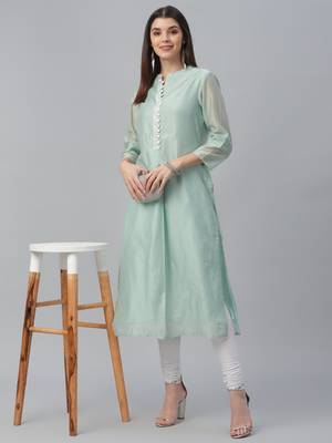Aqua Chanderi Solid Kurta 1