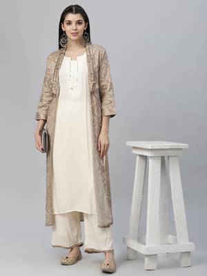 Printed Jamdani Silk Shrug, Rayon Kurta and Palazzo Set 1